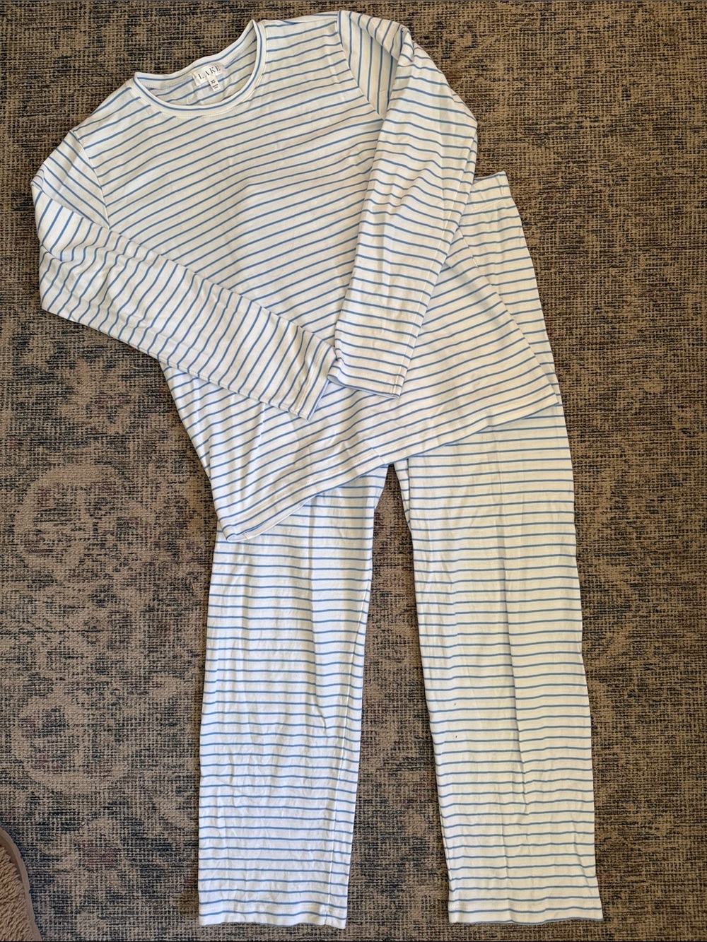 LAKE Pima Cotton Baltic Blue Striped Pajama Set XS Long Sleeve and Pants NWOT